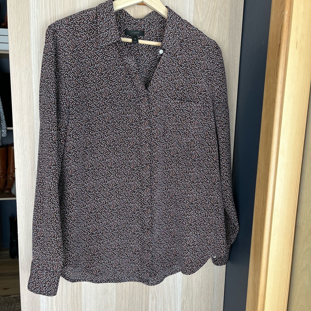 J Crew Silk Dotted Blouse - 12. Burgundy, navy, pink, orange.